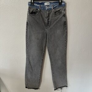 Le Jean Womens Size 28 Blue Gray Colorblock High Rise Straight Leg Jeans Raw Hem